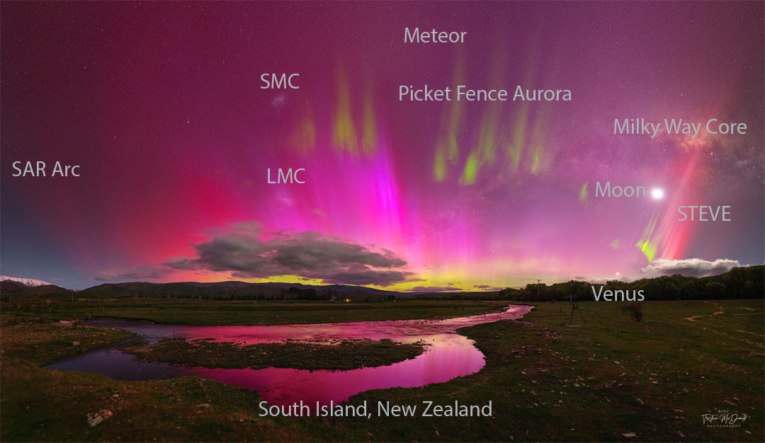 Der Nachthimmel schimmert wegen der flächendeckenden Polarlichter überwiegend rot. Im Vordergrund liegt wässriges Grasland. Über dem Horizont schweben einige Wolken. Am oberen Bildrand sind dünne grüne Polarlichter verteilt. Im Hintergrund sind der Mond, die GMW, die KMW, die Venus, ein Meteor und das Band unserer Milchstraße zu sehen.