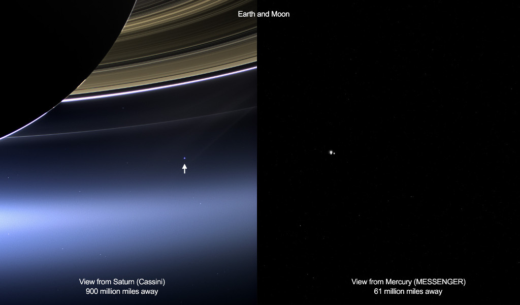 Das Bild ist zweigeteilt. Beide Bildfelder zeigen Erde und Mond, links fotografiert von Cassini unter dem Planeten Saturn, rechts von der Raumsonde MESSENGER aus dem Merkurorbit.